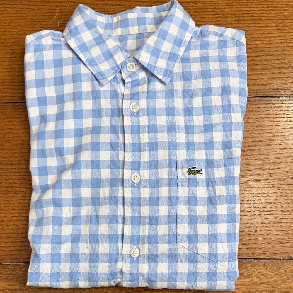 Lacoste Men's Light Blue and White Plaid Shirt